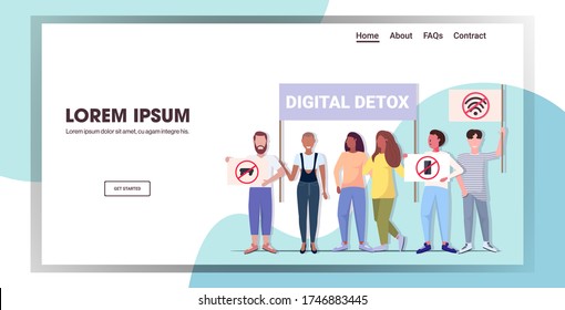 mix race activists holding posters with gadgets in red prohibition signs digital detox concept people abandoning internet and social networks horizontal copy space vector illustration