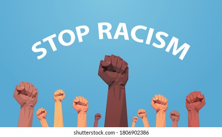 mix race activists holding raised up fists poster against racism and discrimination racial equality social justice concept horizontal vector illustration