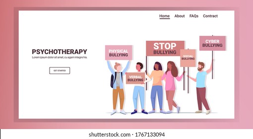 mix race activists holding stop bullying banners psychotherapy concept horizontal copy space full length vector illustration