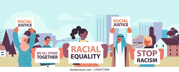 Mix Race Activists Holding Stop Racism Posters Racial Equality Social Justice Stop Discrimination Concept Horizontal Portrait Cityscape Vector Illustration