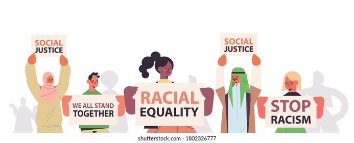 Mix Race Activists Holding Stop Racism Posters Racial Equality Social Justice Stop Discrimination Concept Horizontal Portrait Vector Illustration