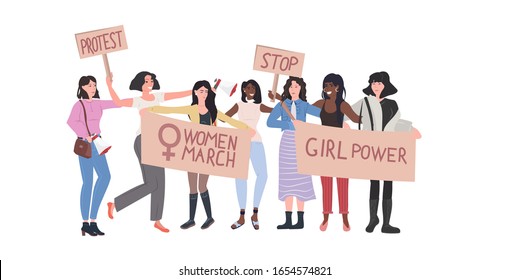 mix race activists protesting holding placards with female gender sign feminist demonstration girl power movement rights protection women empowerment concept full length horizontal vector illustration