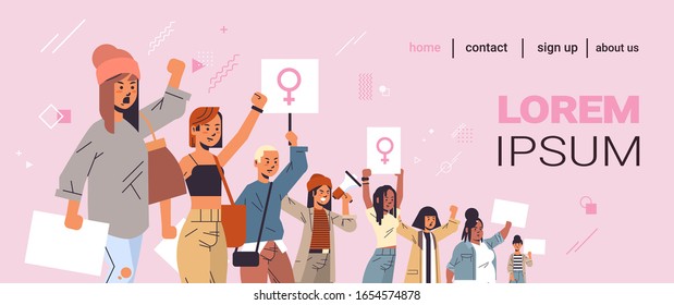 mix race activists protesting holding placards with female gender sign feminist demonstration girl power movement rights protection women empowerment concept portrait horizontal copy space vector