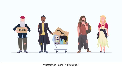 mix race beggars standing together begging for help homeless concept flat full length white background horizontal