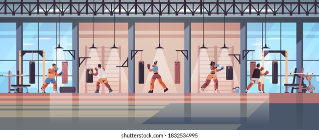 mix race boxers doing exercises with punching bag training healthy lifestyle boxing concept modern fight club interior horizontal full length vector illustration