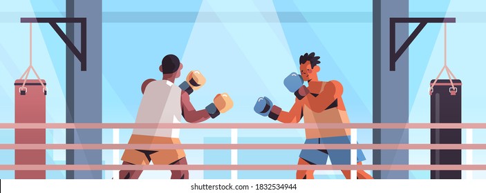 mix race boxers fighting on boxing ring dangerous sport competition training concept modern fight club interior horizontal portrait vector illustration