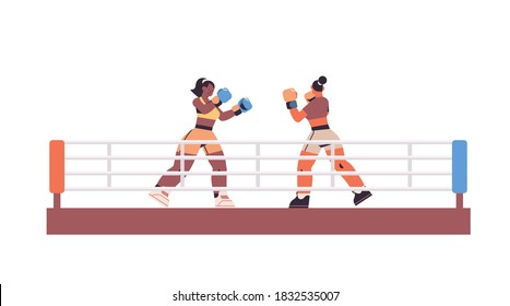 mix race boxers fighting on ring arena dangerous sport competition training concept two women boxing together horizontal full length vector illustration