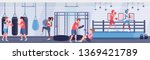 mix race boxers practicing boxing exercises fighters in gloves exercising on ring arena fight club with punching bags modern gym interior healthy lifestyle concept horizontal