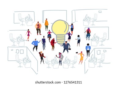 mix race business people generating new creative idea light lamp icon co working space men women colleagues brainstorming modern office interior sketch doodle horizontal
