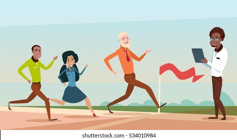 Mix Race Business People Group Run To Finish Line Team Leader Competition Flat Vector Illustration