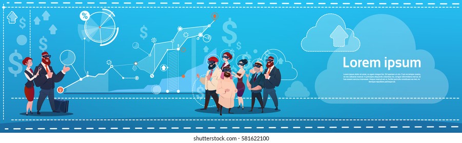 Mix Race Business People Group Wear Virtual Reality Glasses Finance Graph Financial Success Concept Flat Vector Illustration