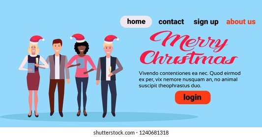 mix race business people standing together hold champagne glasses new year merry christmas celebration concept blue background flat horizontal copy space