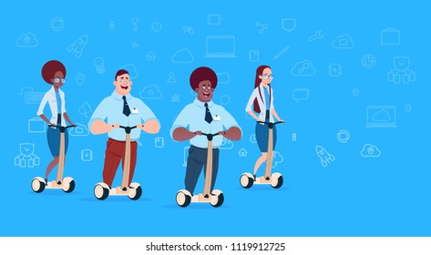 mix race business team riding gyroscooter over data cloud internet synchronization icon. success team concept over blue background flat design vector illustration