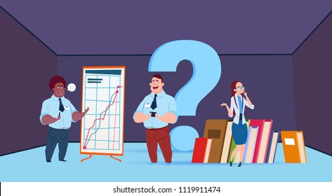 mix race businessman working together, brainstorming team, business people with flip chart books seminar training concept, flat vector illustration