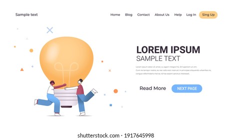 mix race businesspeople couple holding light lamp new idea creative project startup concept full length horizontal copy space vector illustration