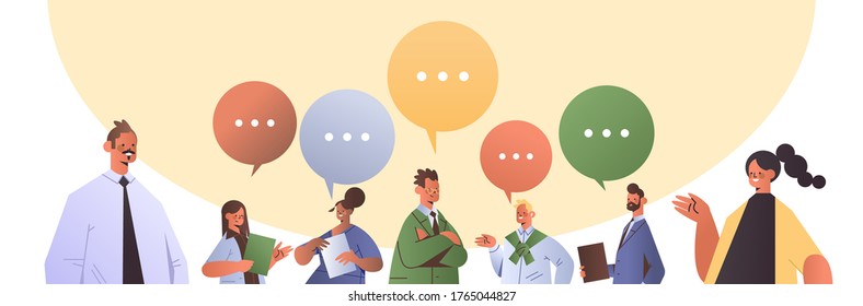 mix race businesspeople discussing during meeting business communication concept men women office workers with colorful speech bubbles horizontal portrait vector illustration