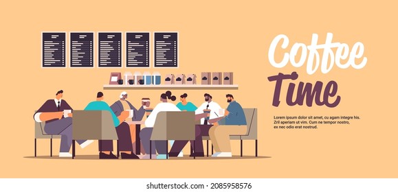 mix race businesspeople discussing during coffee break people holding cups with coffee drinks in cafe