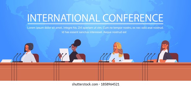 mix race businesspeople giving speech at tribune with microphone on corporate international conference world map background copy space horizontal portrait vector illustration