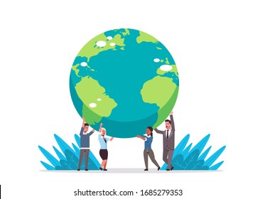 mix race businesspeople holding earth globe go green save planet global business concept horizontal full length vector illustration