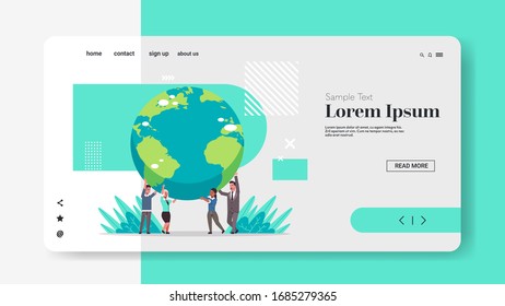 mix race businesspeople holding earth globe go green save planet global business concept horizontal full length copy space vector illustration