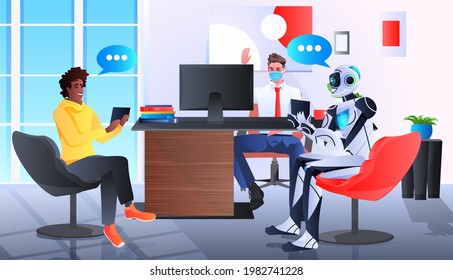 mix race businesspeople in masks discussing with robot in office artificial intelligence technology coronavirus pandemic