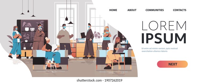 mix race businesspeople in masks working and talking together in coworking center teamwork concept modern office interior horizontal full length copy space vector illustration