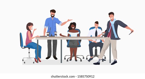 mix race businesspeople team round table discussing and drinking coffe during conference meeting businessman taking selfie photo teamwork concept full length horizontal vector illustration