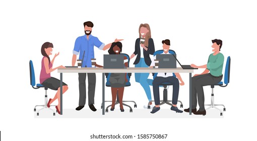 mix race businesspeople team sitting at round table discussing and drinking coffe during conference meeting teamwork concept full length horizontal vector illustration