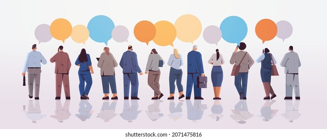 mix race businesspeople team standing back to camera rear view of business people group chat bubble communication