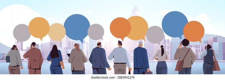 mix race businesspeople team standing back to camera rear view of business people group chat bubble communication