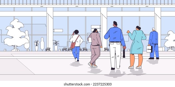 mix race businesspeople team standing back to camera rear view of people group walking outdoor near business center
