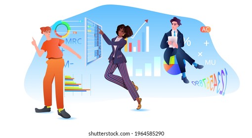 mix race businesspeople traders analyzing financial statistics data analysis digital marketing planning company strategy