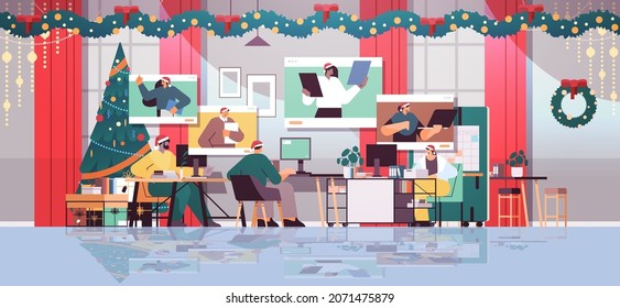 Mix Race Businesspeople In Web Browser Windows Celebrating New Year Christmas Holidays During Video Call