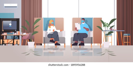mix race businesspeople working and communicationg in creative coworking center teamwork concept modern office interior horizontal full length vector illustration