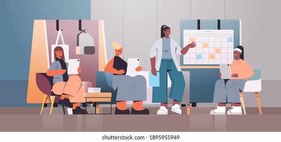 mix race businesspeople working and discussing during meeting in coworking center teamwork concept modern office interior horizontal full length vector illustration