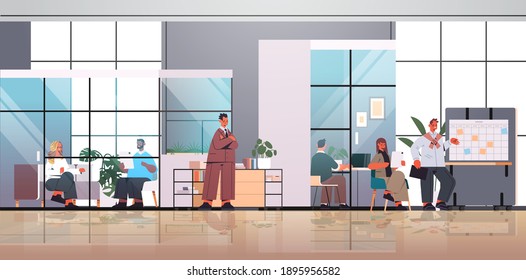 mix race businesspeople working and talking together in coworking center business meeting teamwork concept modern office interior horizontal full length vector illustration