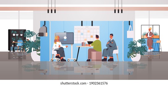 mix race businesspeople working and talking together in coworking center business meeting teamwork concept modern office interior horizontal full length vector illustration