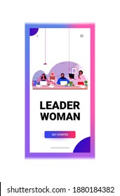 mix race businesswomen colleagues working together successful business women team leadership concept modern office interior vertical portrait vector illustration