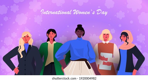 mix race businesswomen group celebrating womens day 8 march holiday celebration concept portrait horizontal vector illustration