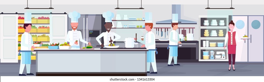 mix race chefs cooking food culinary staff teamwork concept modern commercial restaurant kitchen interior horizontal banner flat