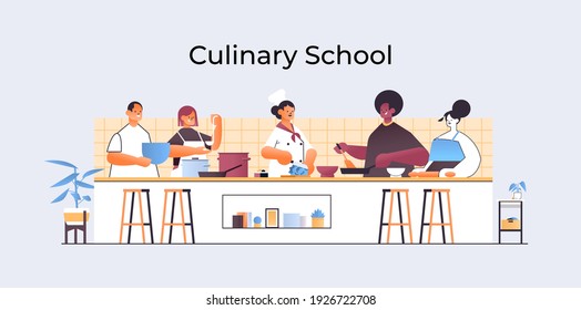 mix race chefs preparing dishes people cooking food culinary school concept kitchen interior horizontal portrait vector illustration