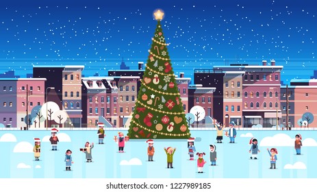 mix race children group near decorated fir tree city building houses night winter street cityscape merry christmas happy new year celebration concept flat horizontal vector illustration