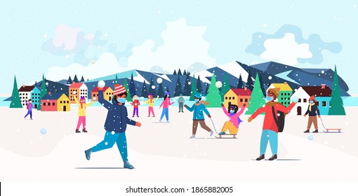 Mix Race Children In Masks Having Winter Fun Outdoors Leisure And Activities Coronavirus Quarantine Concept Snowfall Landscape Background Full Length Horizontal Vector Illustration