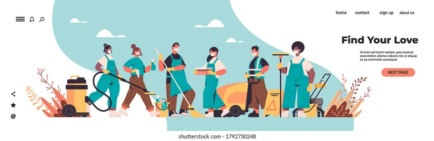 mix race cleaners in masks disinfecting coronavirus cells to prevent covid-19 pandemic cleaning service disinfection control of epidemic concept horizontal full length copy space vector illustration