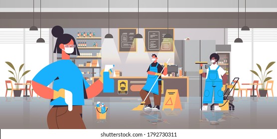 mix race cleaners in masks disinfecting coronavirus cells in cafe to prevent covid-19 pandemic cleaning service disinfection control of epidemic concept horizontal full length vector illustration