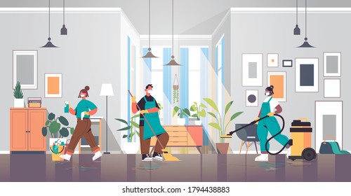 mix race cleaners in masks disinfecting coronavirus cells to prevent covid-19 pandemic cleaning service disinfection concept living room interior horizontal full length vector illustration