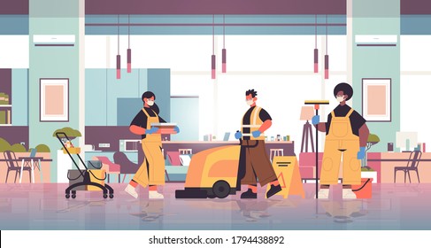 Mix Race Cleaners In Masks Disinfecting Coronavirus Cells In In Office To Prevent Covid-19 Pandemic Cleaning Service Disinfection Control Of Epidemic Concept Horizontal Full Length Vector Illustration