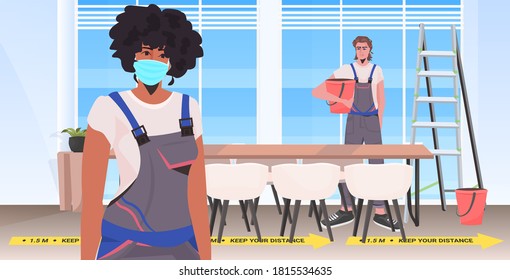 mix race cleaners in uniform cleaning and disinfecting floor to prevent coronavirus pandemic modern office interior horizontal portrait vector illustration