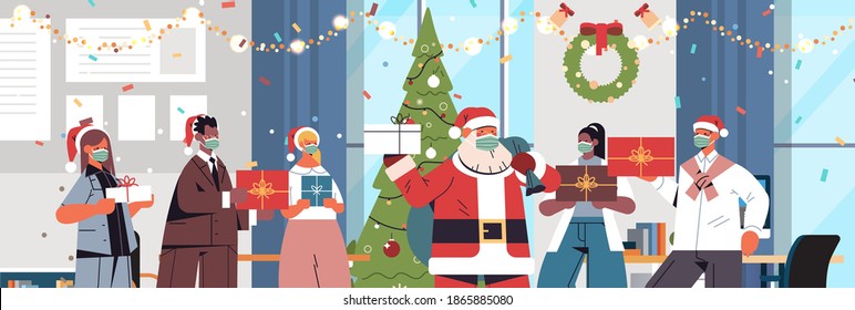 mix race colleagues with santa claus in mask holding gifts coworkers celebrating new year and christmas holidays office interior horizontal portrait vector illustration