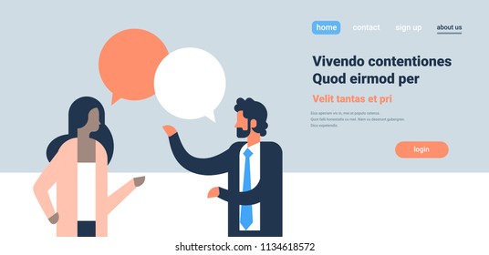 mix race couple chat bubbles communicating speech dialogue man woman character background portrait copy space horizontal flat vector illustration